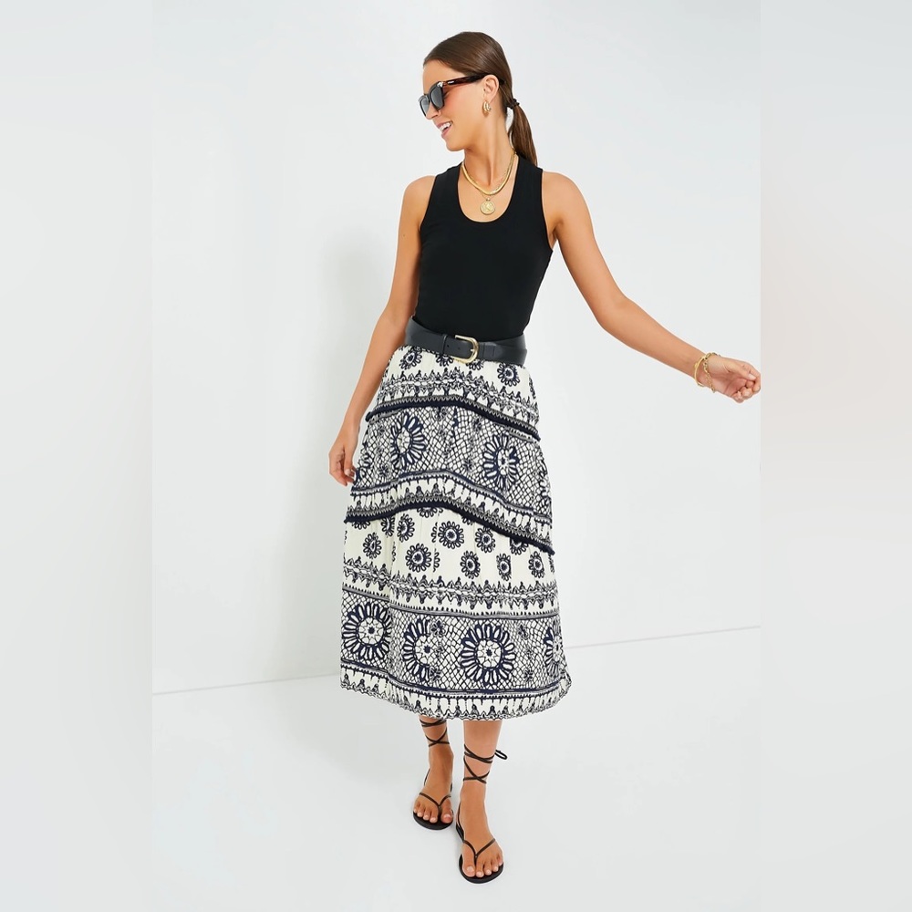 Ivory & Navy Printed Midi Skirt